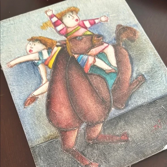 Colorful Vaulting Children on Horse Original Oil Painting by Roybal